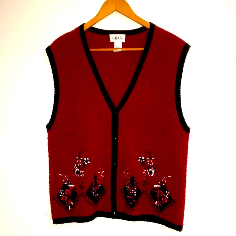 Graff Christmas Sweater Vest with Embroidered Flowers, Wool blend, XL